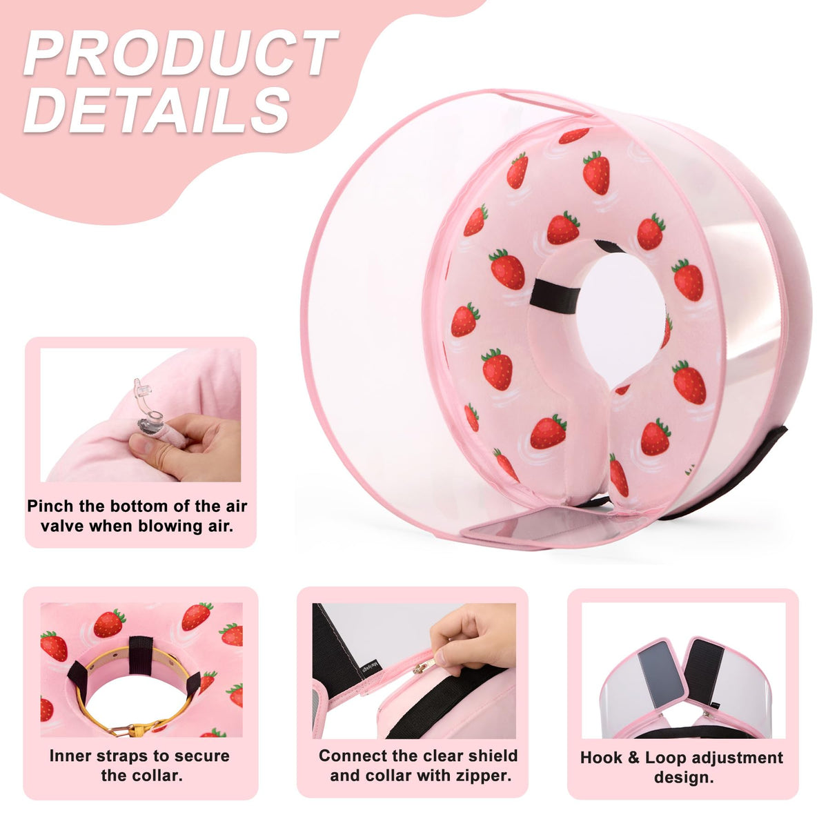 Inflatable Dog Cone Collar for Large Medium Small Dogs (Strawberry Print / Medium Plus)