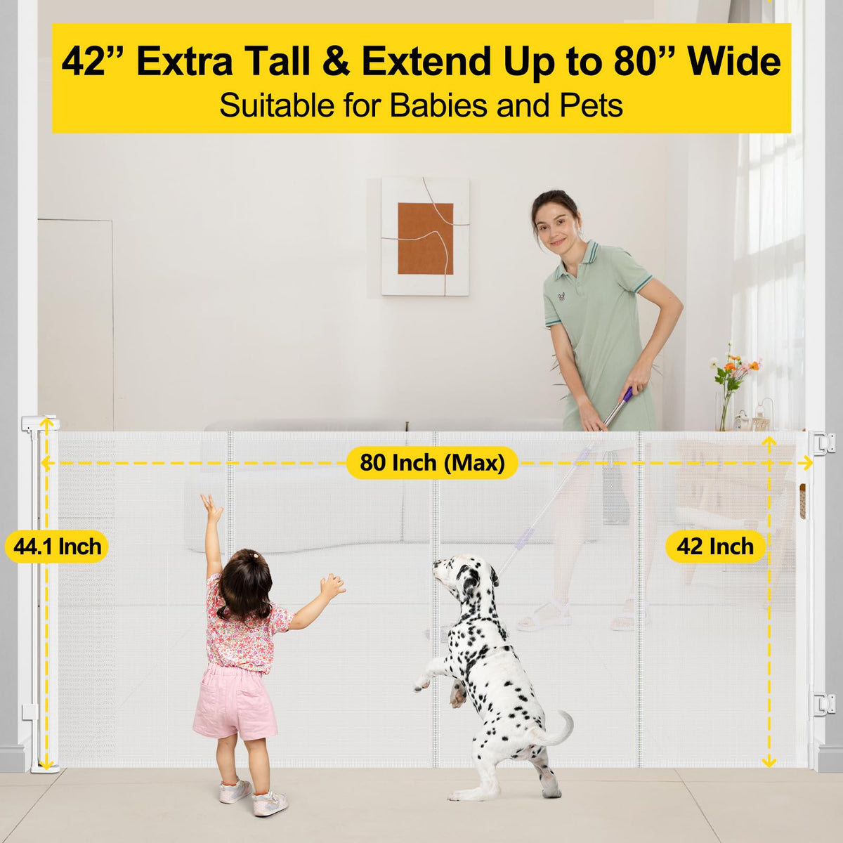 Reinforced 42" Extra Tall x 80" Wide Retractable Baby Gates with Rods (White / Reinforced 42" Tall X 80" Wide)