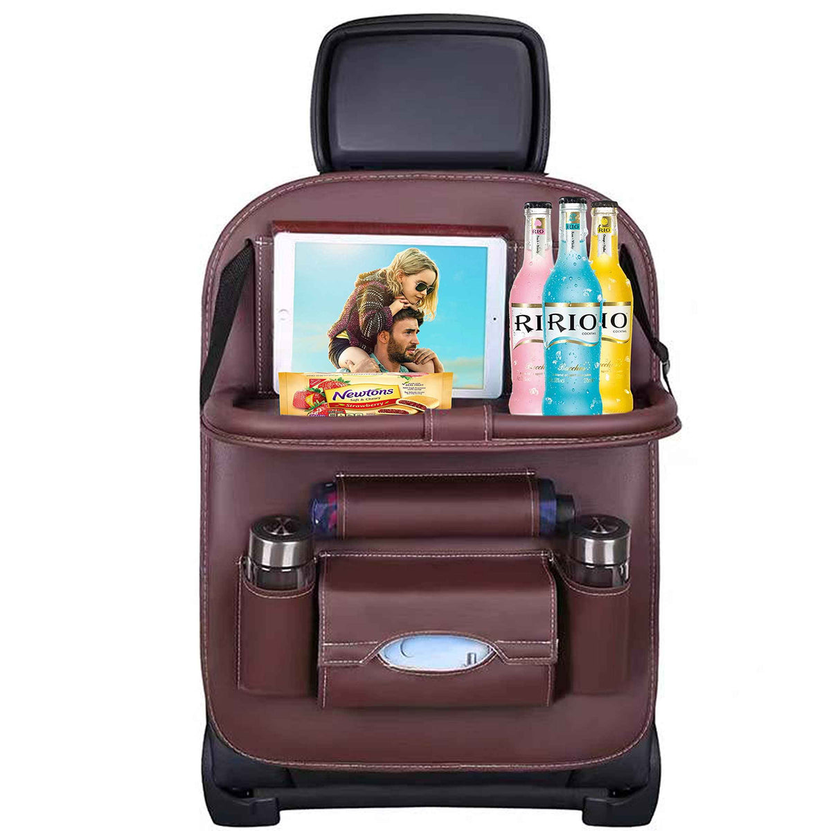 Premium PU Leather Backseat Seat Organizer with Foldable Table (1 Pack / Brown)