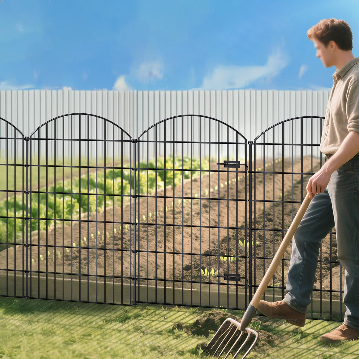 Metal Garden Fence with Gate 48 in x 12.7 ft (48"Hx12.7ft (Gate+4Panels))