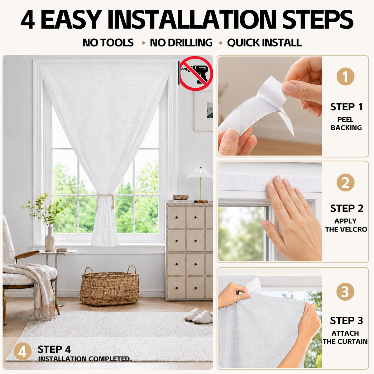 Adhesive Blackout Curtains for Blinds (White / 52"W x 84"H)