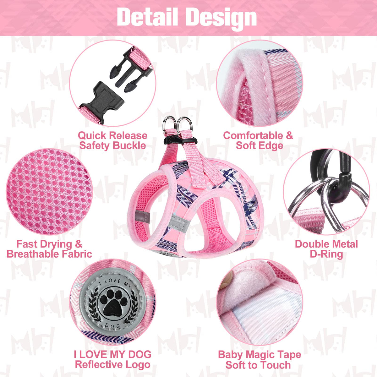 Small Dog Harness and Leash Set (XX-Small(Chest Girth 11.5"-13") / Pink)