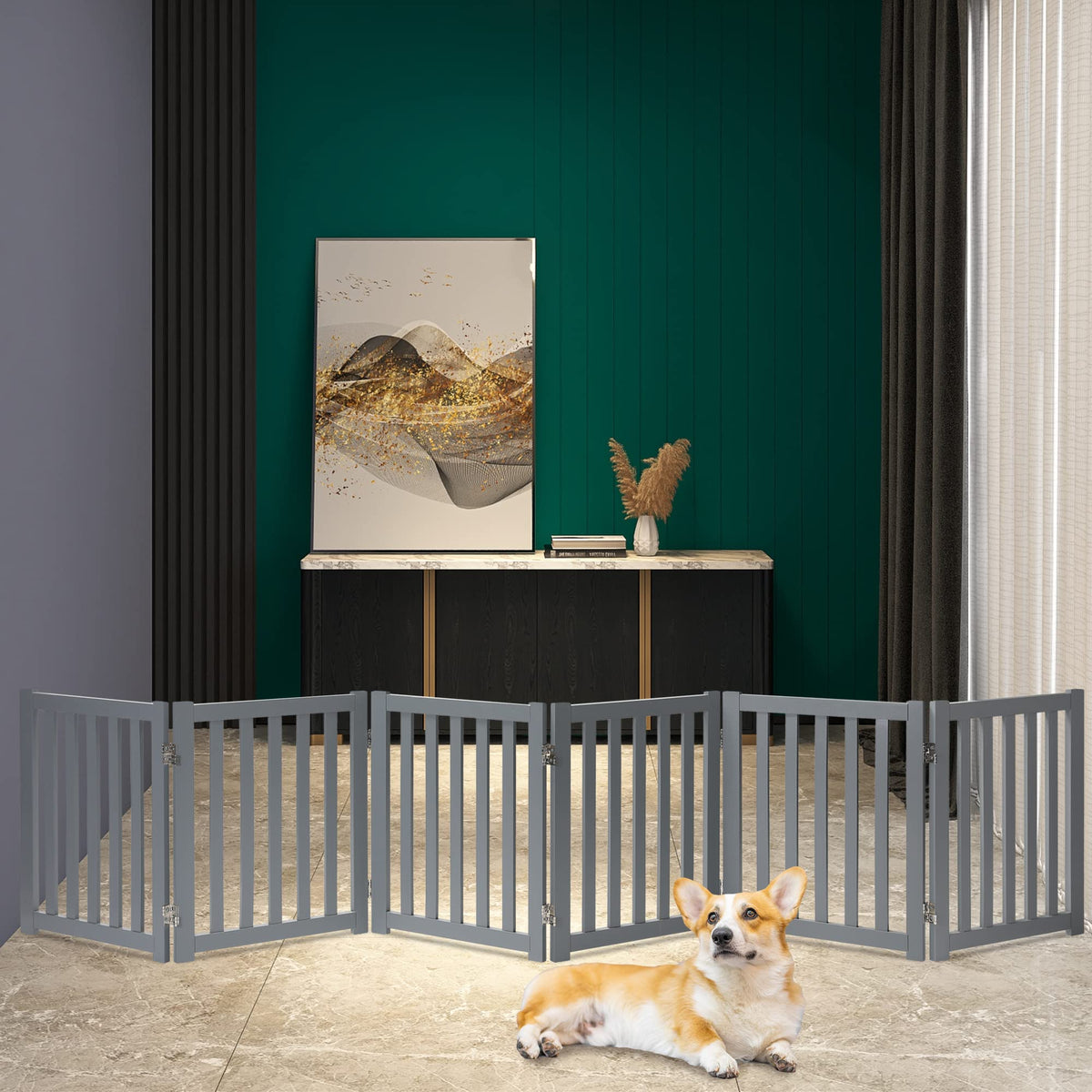 Wooden Free Standing Dog Gate 120" W x 24" H (Gray / 120"W x 24"H)