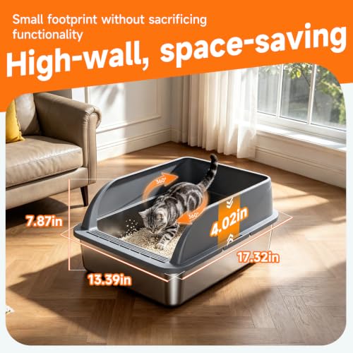 Stainless Steel High Sided Cat Litter Box with Scoop M (DeepGrey M)