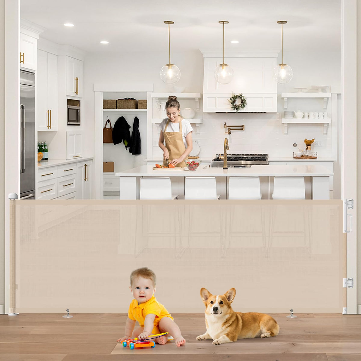 96" Retractable Baby Gate (Beige / 34" Tall x 96" Wide)