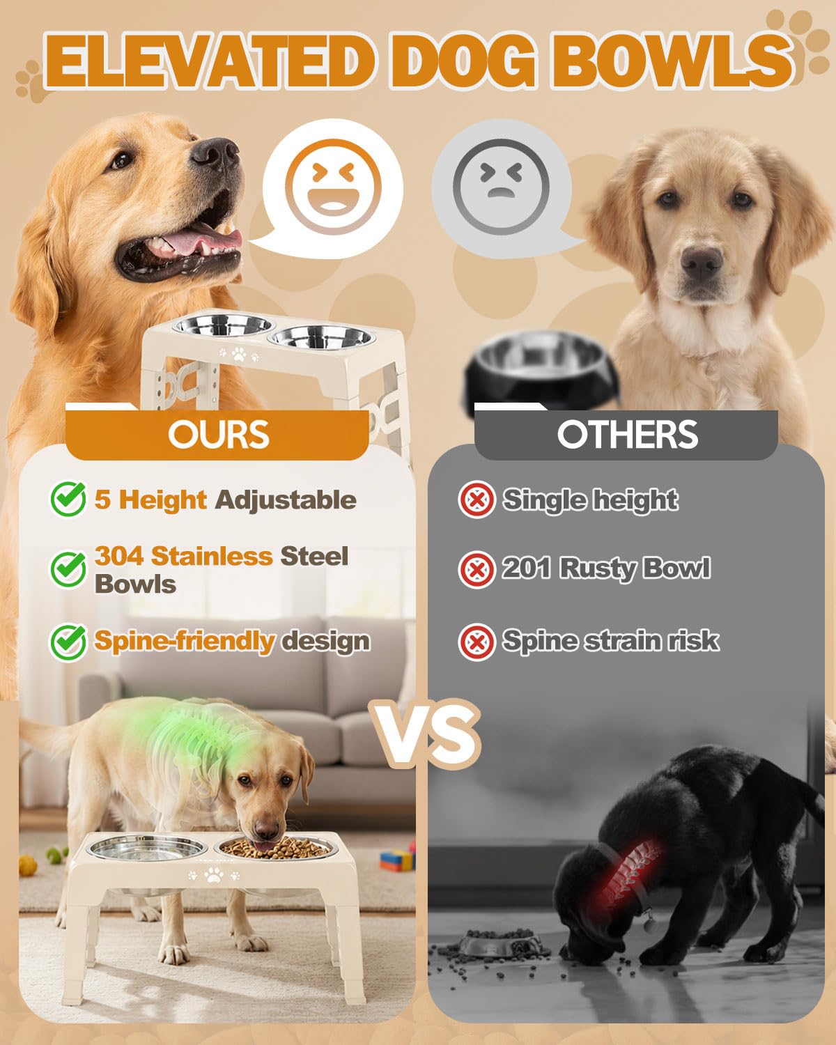 Elevated Dog Bowls for Medium Large Size Dogs (Beige / Medium Large)