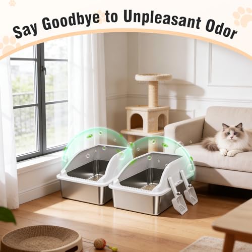 2PACK Stainless Steel Cat Litter Boxes XL Large Metal Pan Include Scoop (Light Grey)
