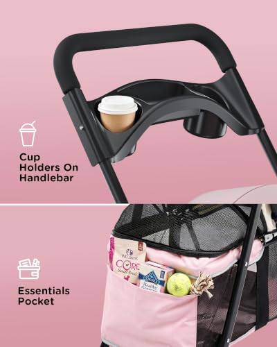 Foldable Pet Stroller for Small Dogs and Cats (★Pink【Full Mesh】)