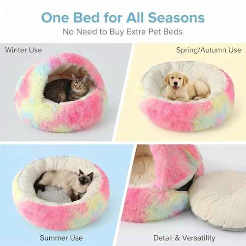 2-in-1 Convertible Cat & Dog Bed Cave with Removable Zipper Hood, Converts to Calming Donut Bed, Reversible Plush & Cooling Ice Silk Cushion (Rainbow Color, 19.7 in Small Size) (Rainbow Color / 19.7 in Small Size)