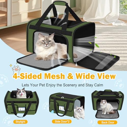 Large Cat Carrier Soft Sided Travel Pet Carrier Airline Approved (Army Green)