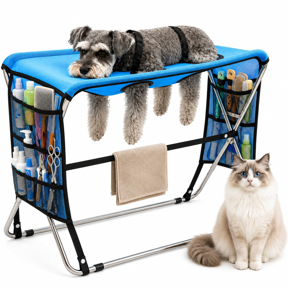 Pet Grooming Hammock with Stand for Small Dogs and Cats (Dark blue)
