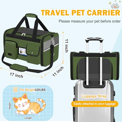 Large Cat Carrier Soft Sided Travel Pet Carrier Airline Approved (Army Green)