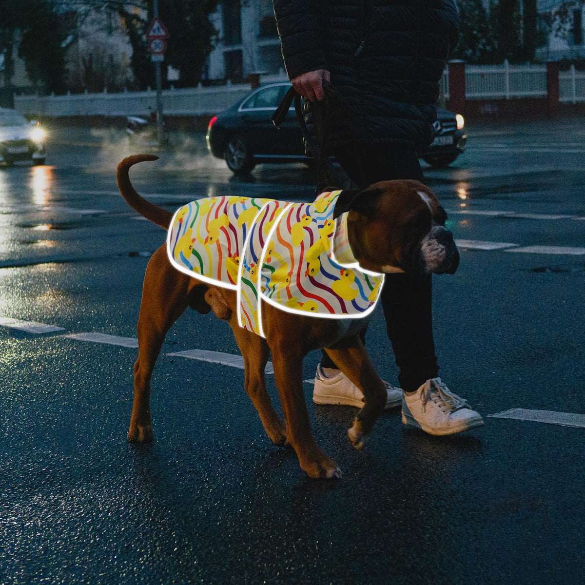 Dog Raincoat for Medium Dogs Waterproof Jacket Hooded Rain Coats with Reflective Strips Leash Hole & Poncho Adjustable Fit (Rainbow Ducks / Medium)