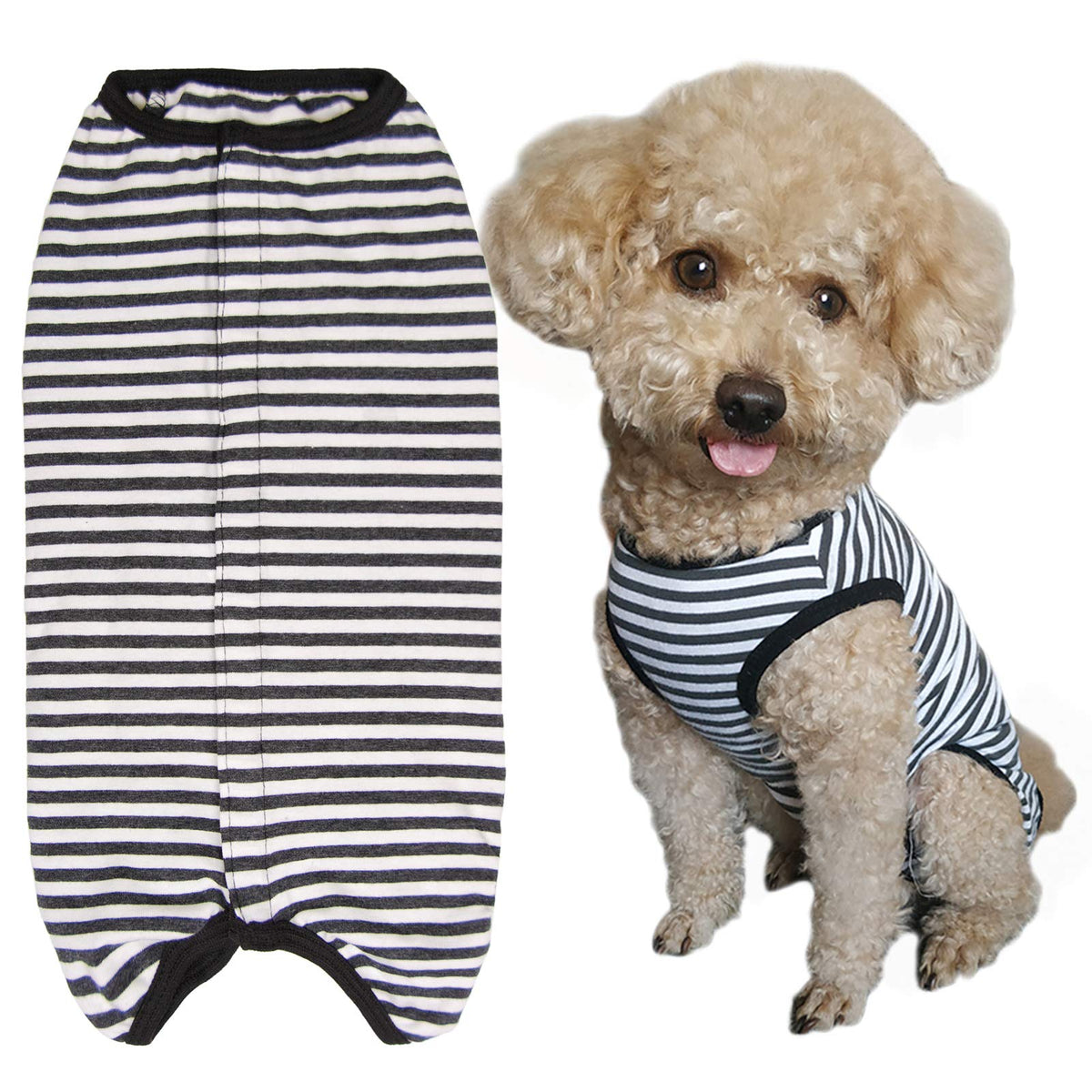 Dog’s Recovery Suit Post Surgery Shirt for Puppy (XX-Small / black white stripe)