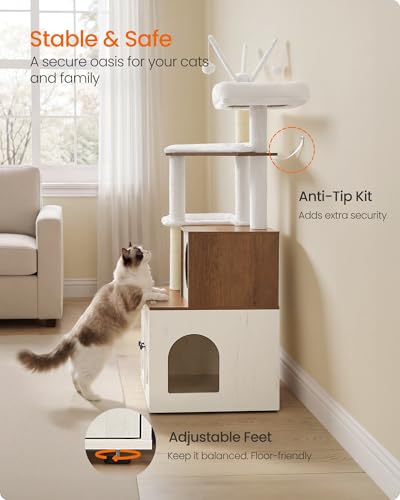Cat Tree with Litter Box Enclosure (Rustic White + Honey Brown)