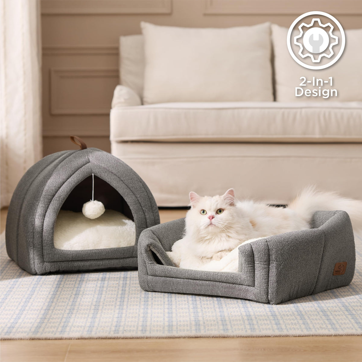 2in1 Cat Beds for Indoor Cats Cave for Kitten with Washable Pillow (L(17.3x17.3x17.3) / Grey)