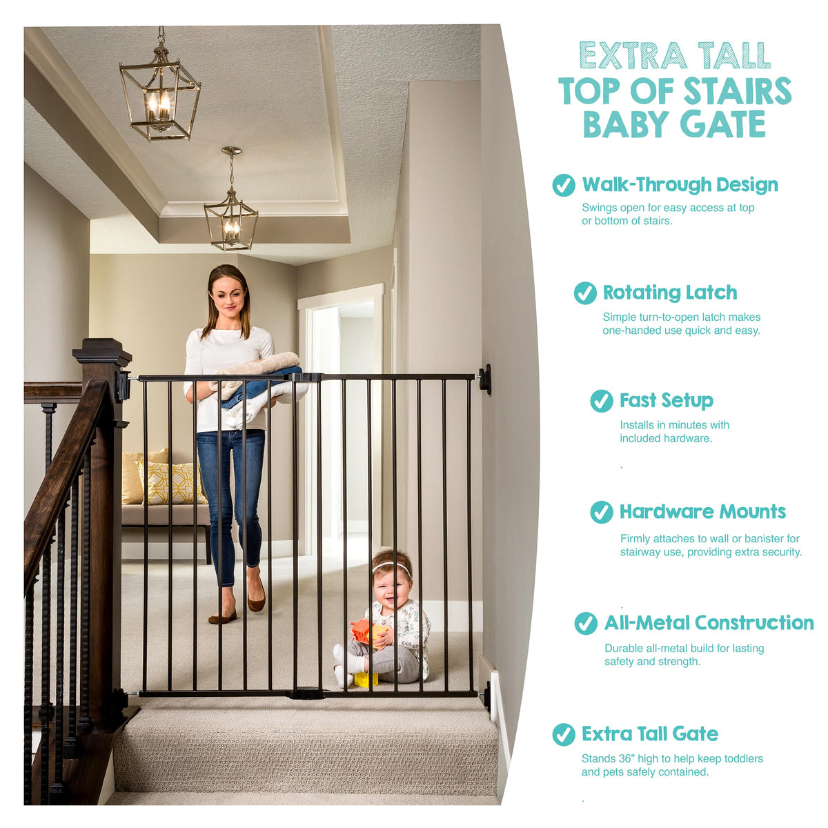Safety 36" Extra Tall Baby Gate for Top of Stairs & Dooways (Black / 24-40.5"W x 36"H)