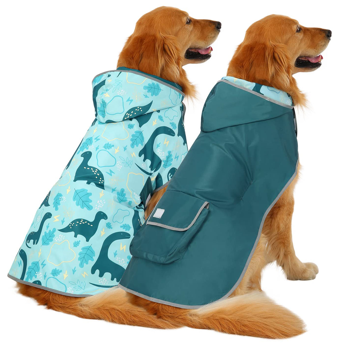 2-in-1 Reversible Dog Raincoat Hooded Poncho Rain Jacket Teal Dino L (Large / Dinosaurs)