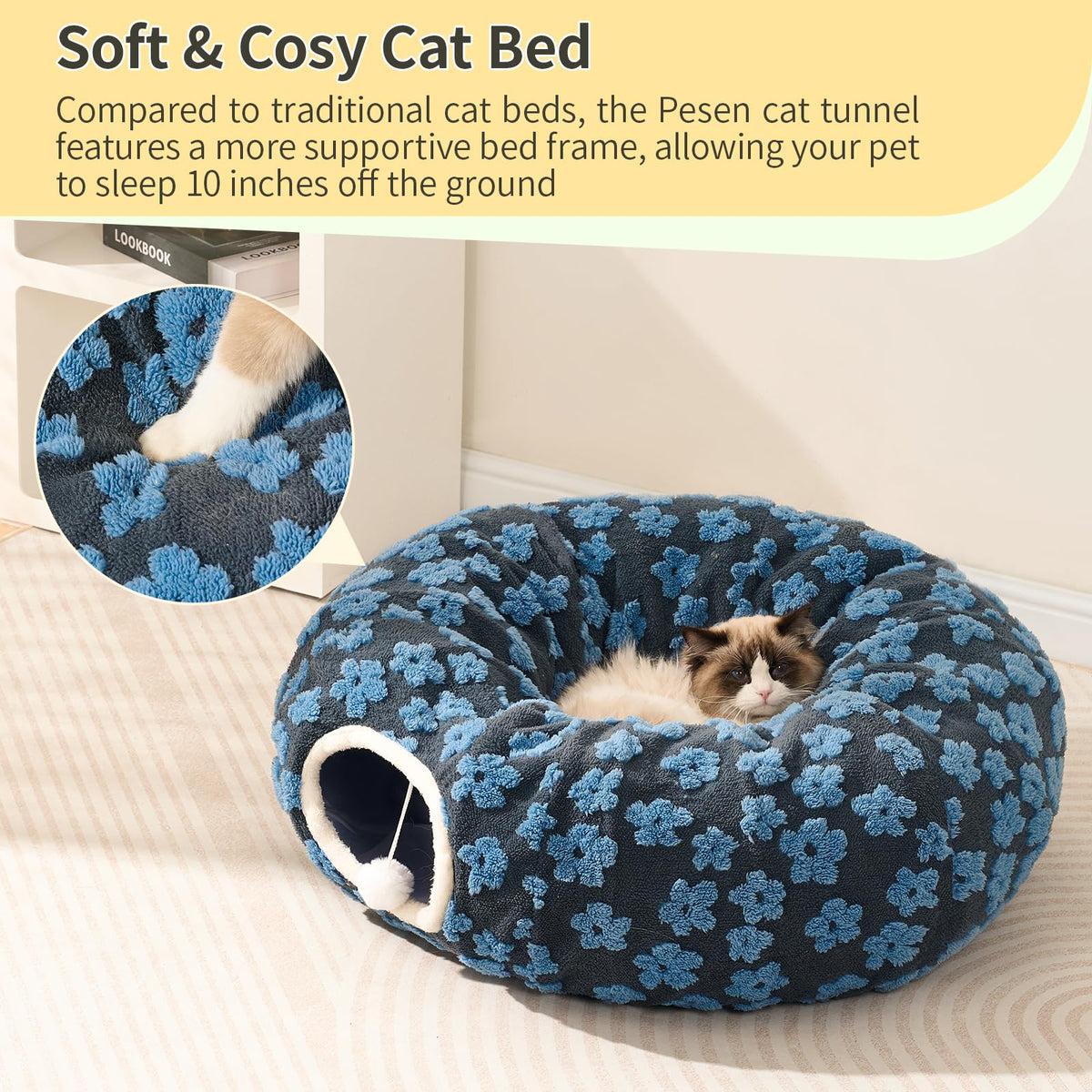 Cat Tunnel Bed with Soft Cushion for Indoor Cats and Kittens