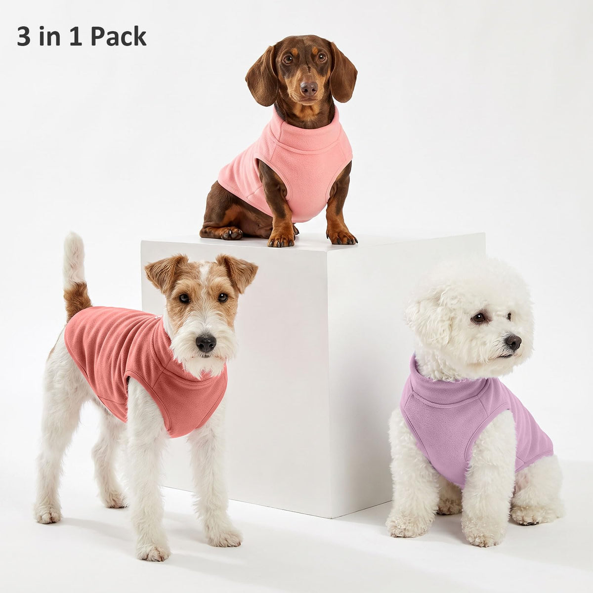 3 Pack Fleece Dog Sweaters for Small Dogs (Rose+Lt Purple+Pink / Large)