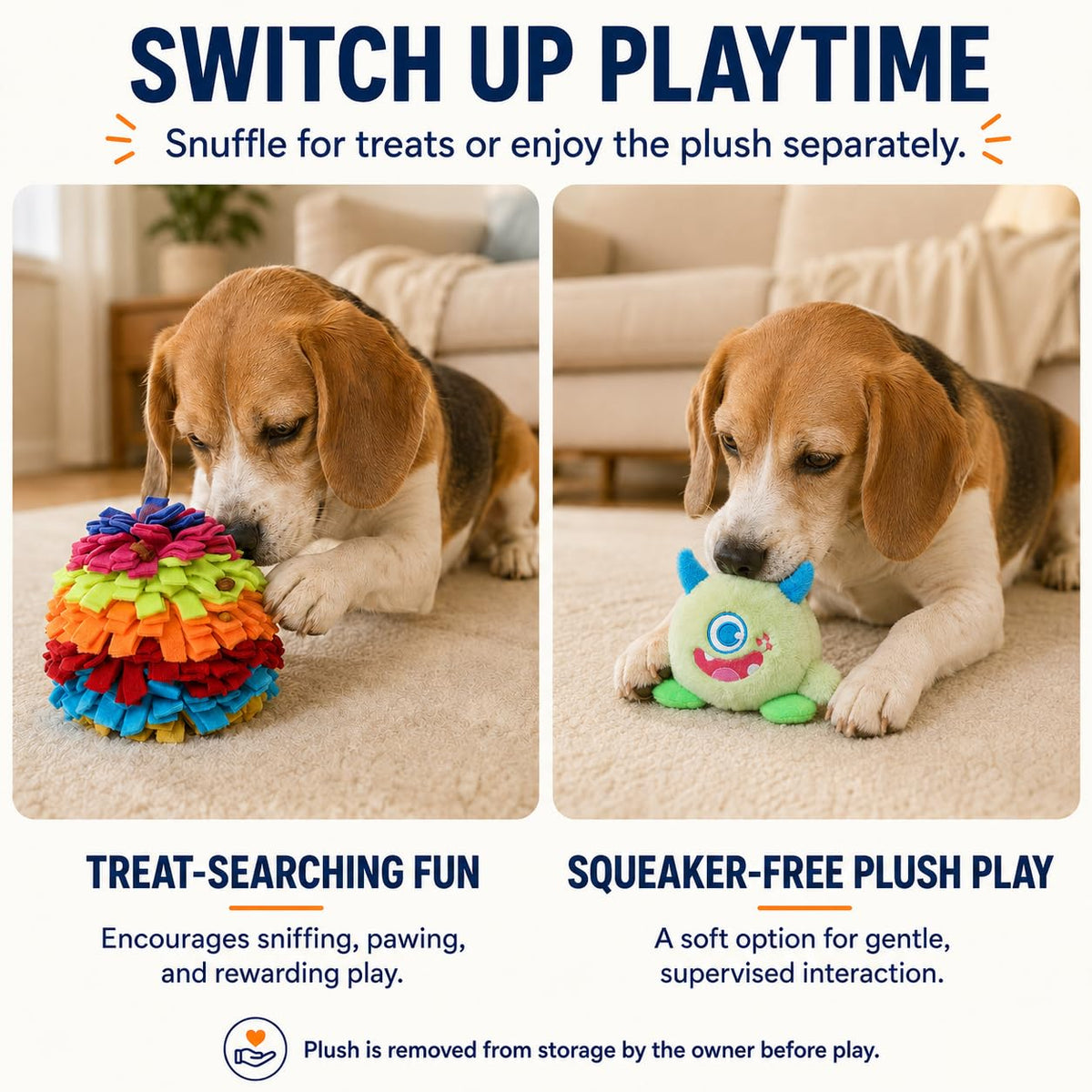 2-in-1 Snuffle Ball for Dogs with Removable Plush Toy and Built-in Storage, Interactive Dog Puzzle Toy for Treat Hiding & Slow Feeding, Machine Washable Dog Enrichment Set (Rainbow-colored / Large)