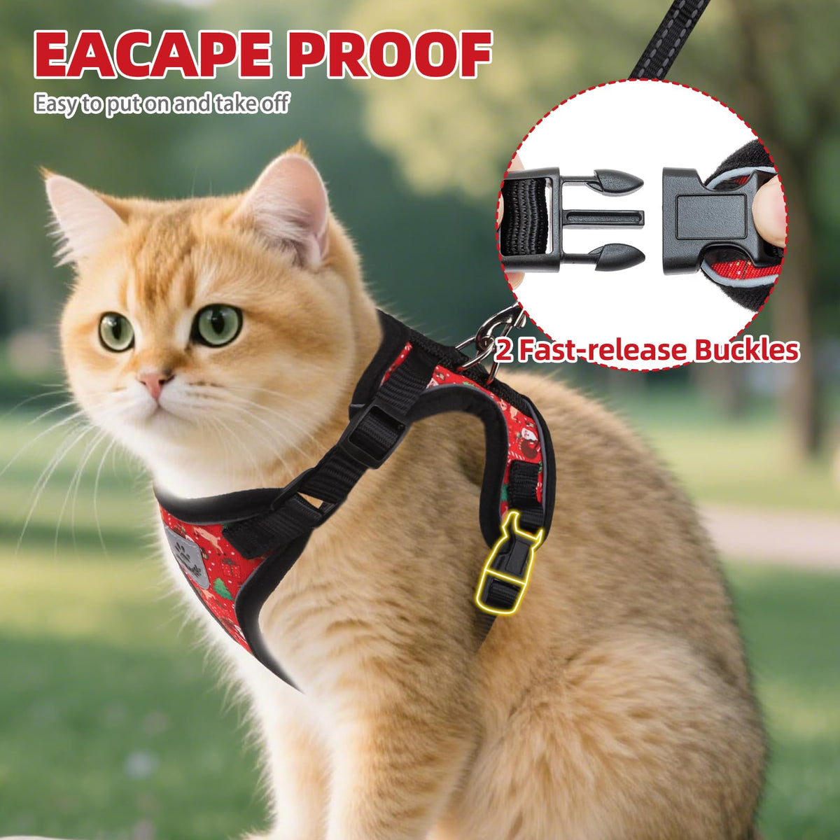 Cat Harness and Leash Set Escape Proof Reflective Cat Walking Harness Adjustable Soft Breathable Mesh Vest for Small Pets (M (NECK 11"-13.7", CHEST 16"-20") / Red(Christmas))