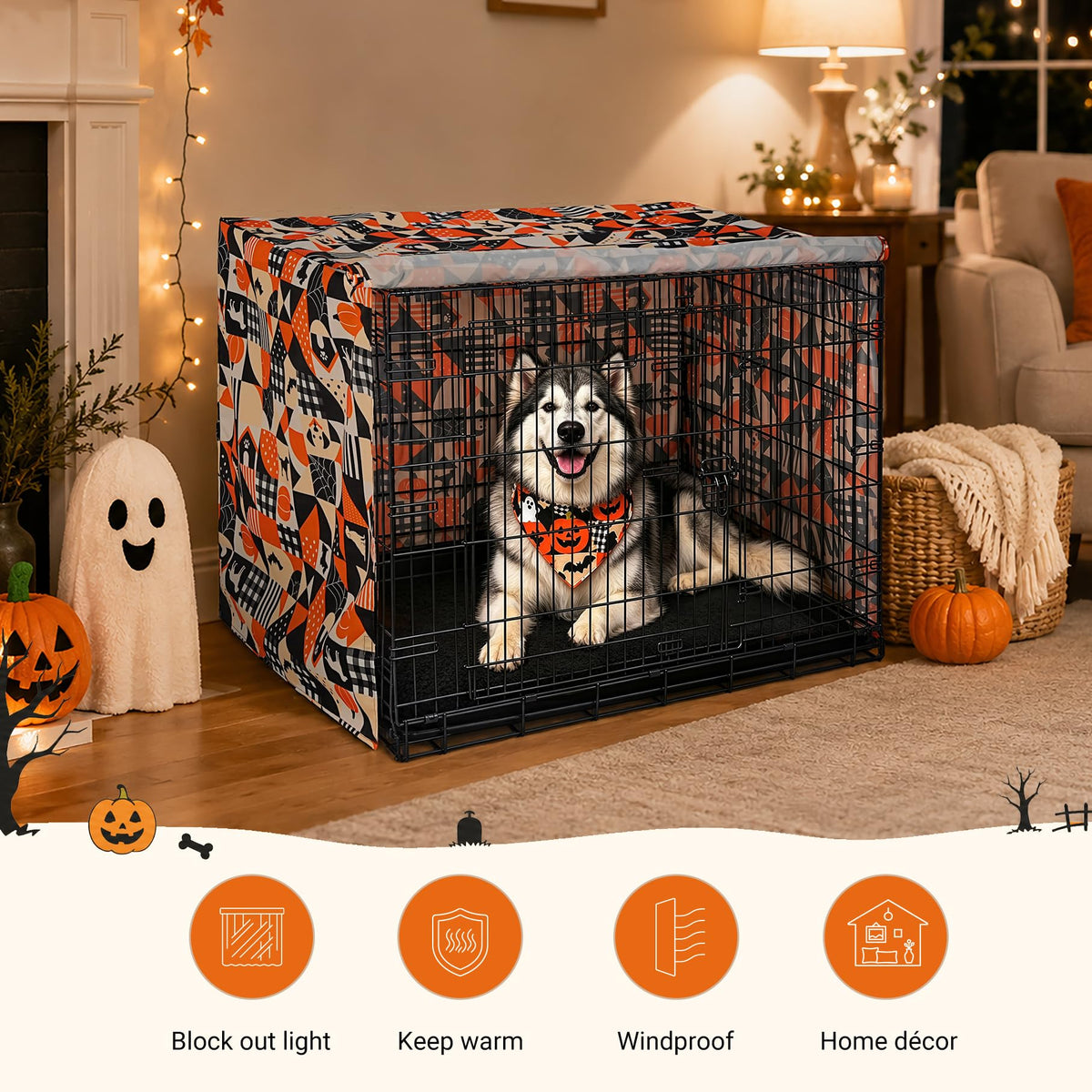 Halloween Pattern Dog Crate Cover (Orange Dog Grid / 48.0"L x 30.0"W x 33.0"H)