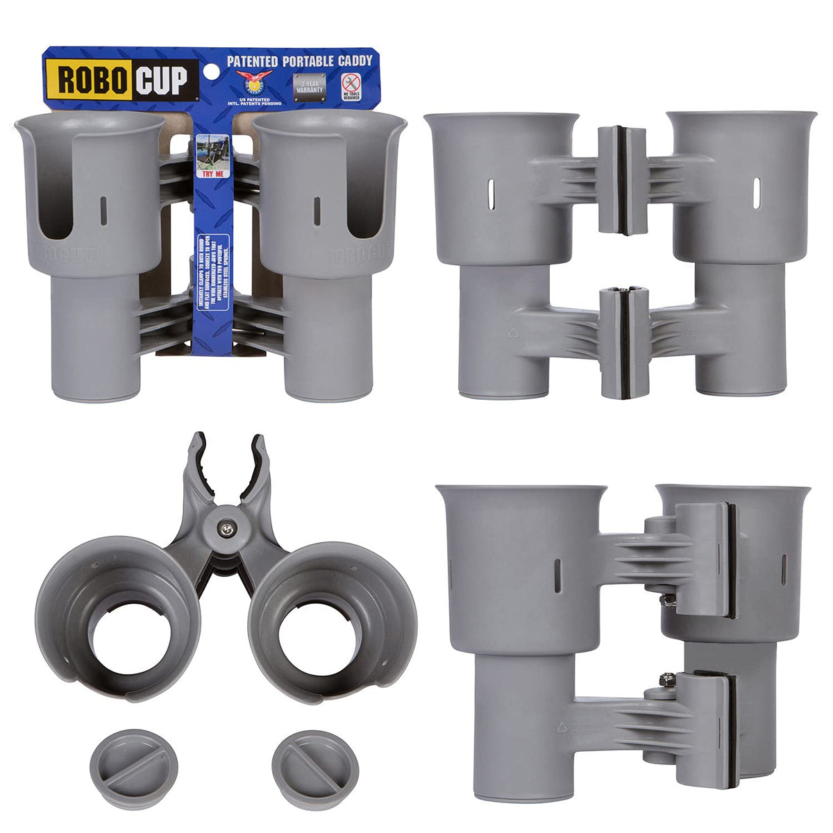 Gray), Patented Clamp On Boat Cup Holder |Multifunction Dual Drink Caddy for Fishing Poles, Tools, Net, Gaff |Portable Storage for Boating, Beach, Umbrellas, Golf Carts, Strollers (Gray / Standard Spring)