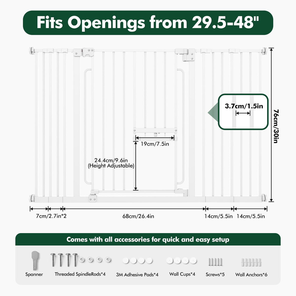 Extra Wide Pet Gate with Cat Door (White / 29.5-48"Wide,30"Tall)