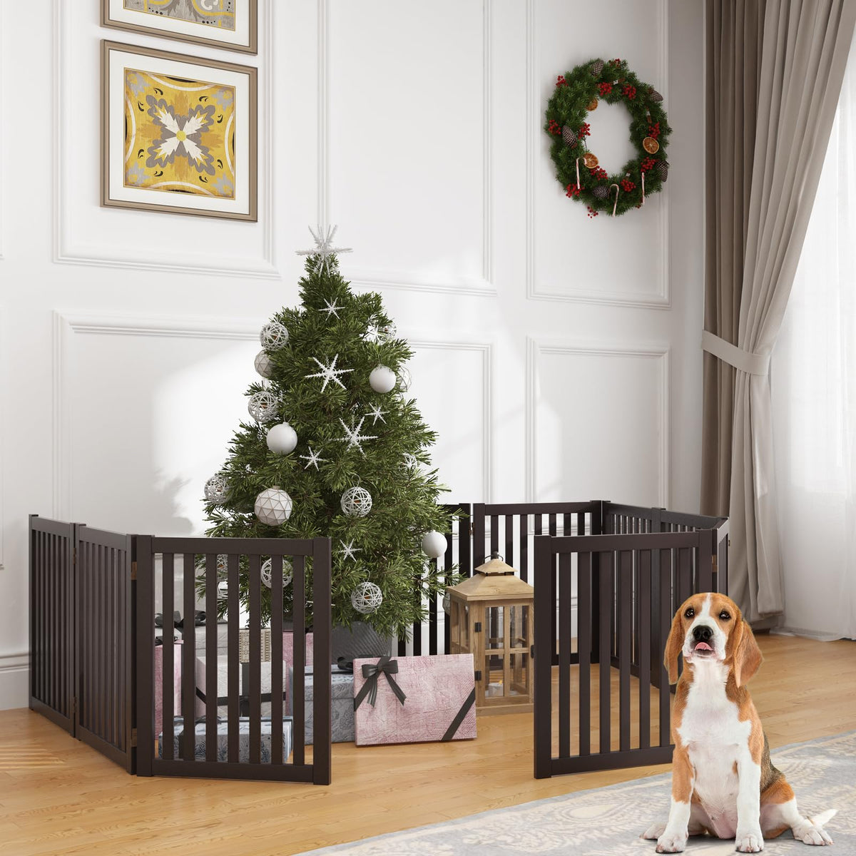 Freestanding Pet Gate 4 Panel Wooden Step Over Dog Gate (Espresso / 4 Panel 80" Wide)