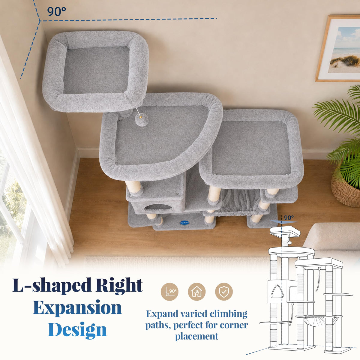 Cat Tree Tower with Stable Extended Base (Light Gray / 71.9 Inches)