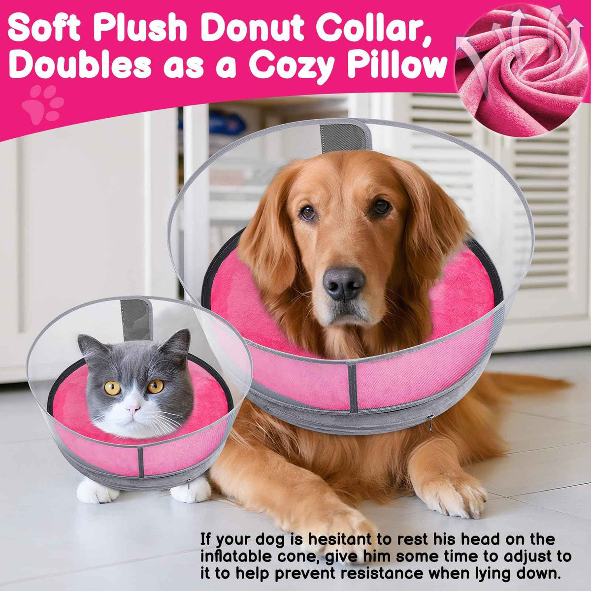 2-in-1 Inflatable Dog Donut Collar for Large Dogs After Surgery (Hot Pink / XL)