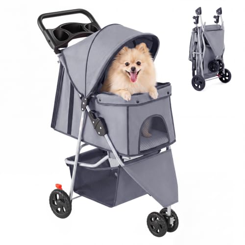 3 Wheels Pet Stroller for Small Dogs and Cats (Grey / 29.2"x17.7"x 39.4")