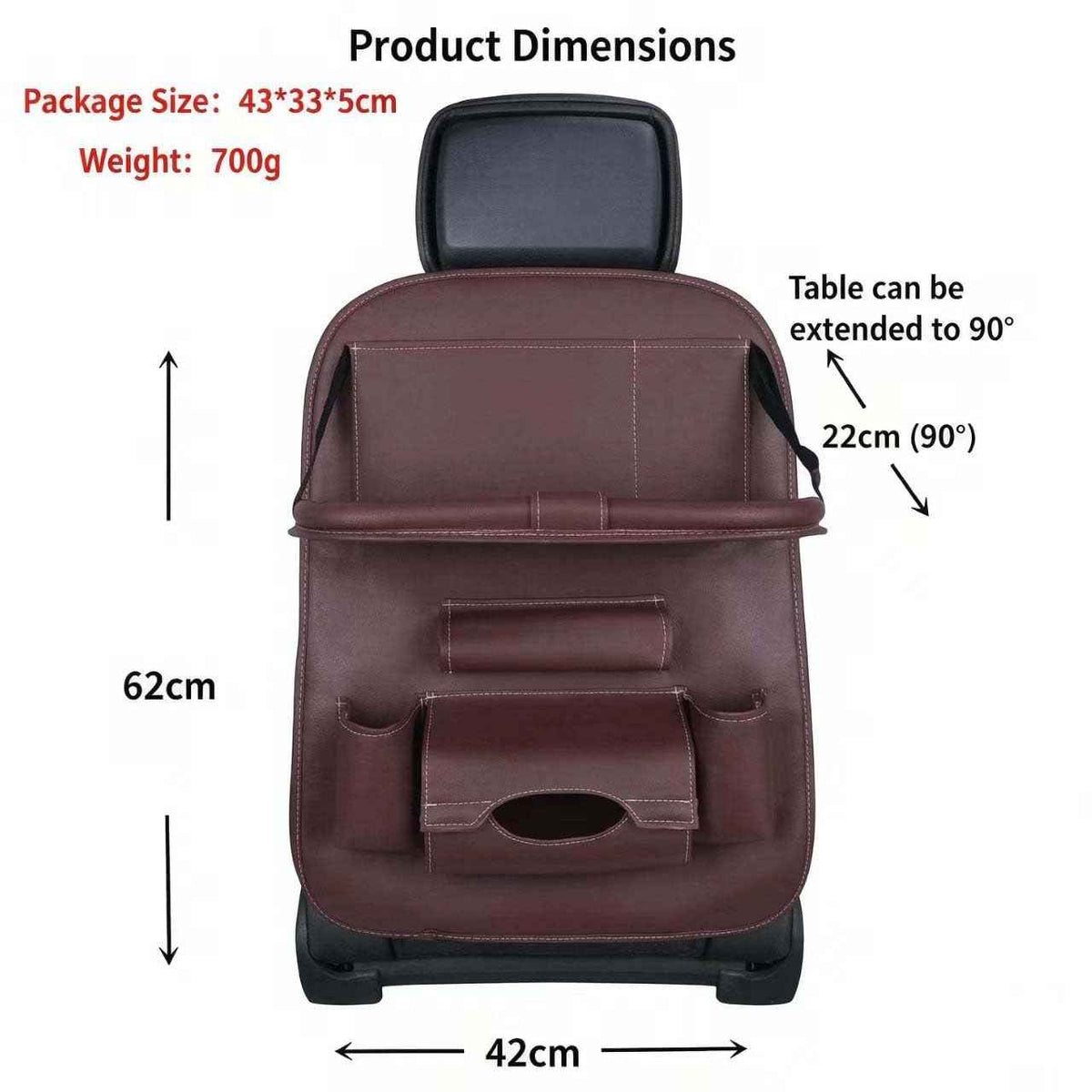 Premium PU Leather Backseat Seat Organizer with Foldable Table (1 Pack / Brown)