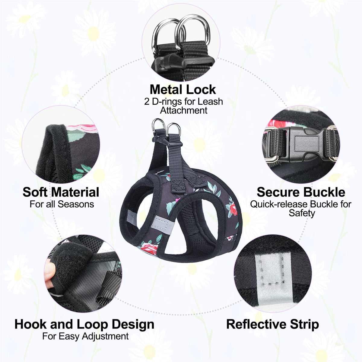 Small Dog Harness and Leash Set (XSmall(Chest Girth 13" - 14.5") / Black Rose)
