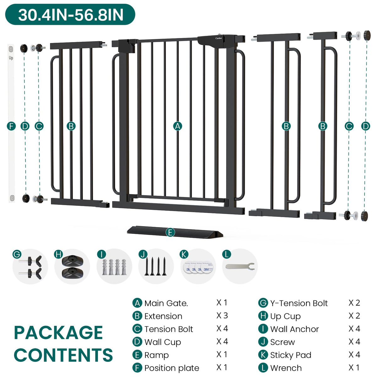30.4 56.8" Extra Wide Baby Gate (Black / 30.4"-56.8" W x 30.5" H)