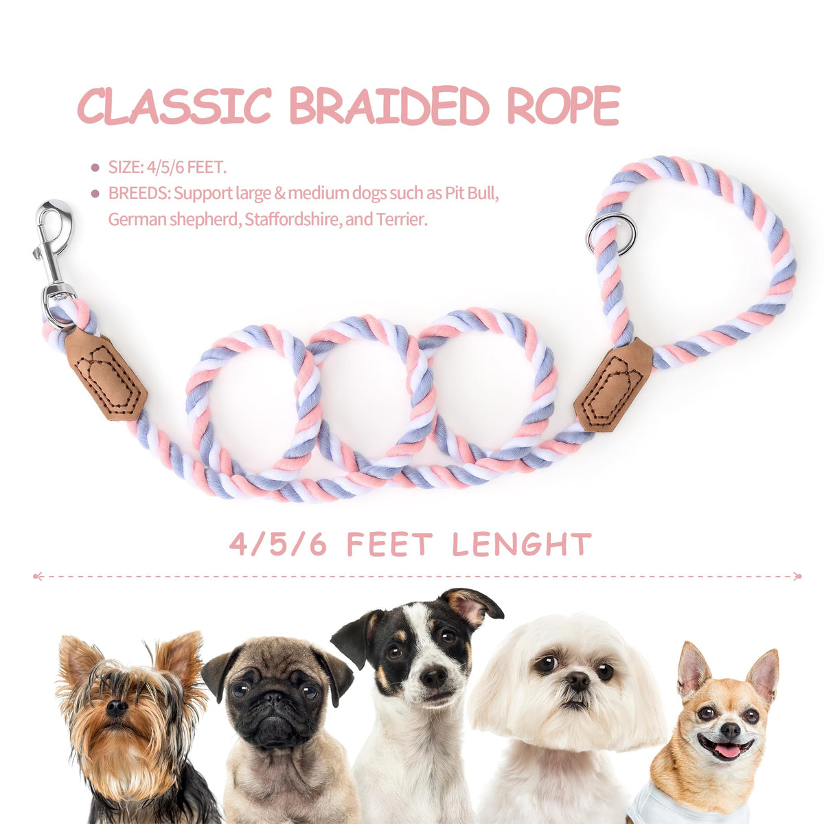 Rainbow Dog Leash Braided Cotton Rope w Leather (Pink/Purple / 72 Inch-1/2")