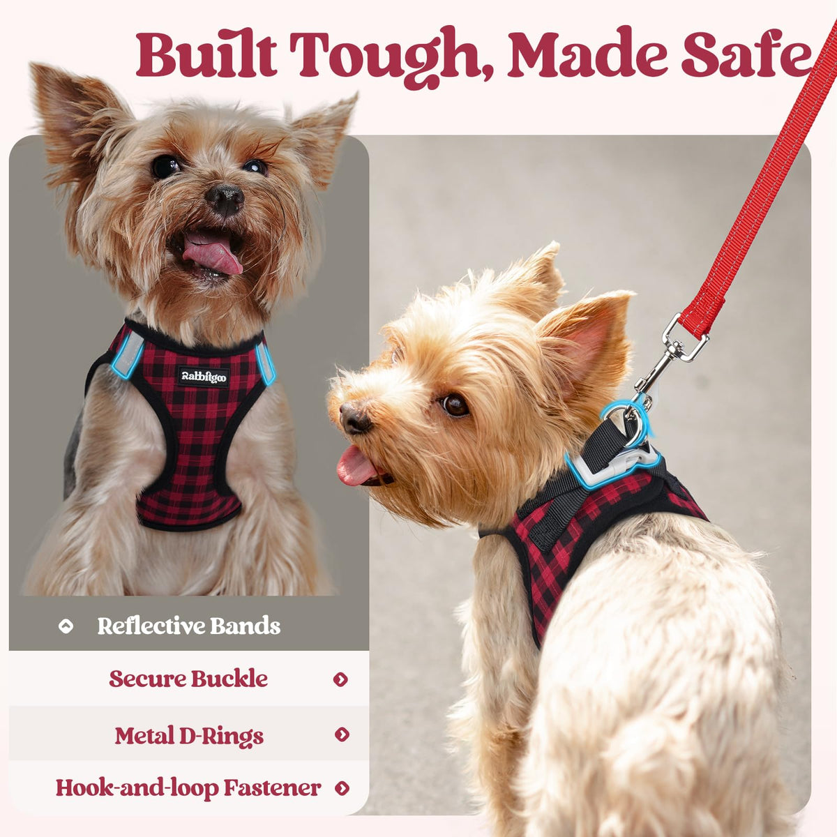 Dog Harness Small Sized and Leash Set (Red Check / Xxs (chest: 12.4 - 14.2"))