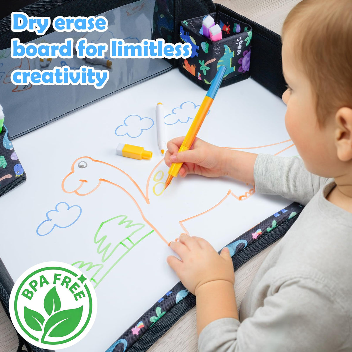 Kids Travel Tray for Carseat for Road Trip Activities (Dinosaur)