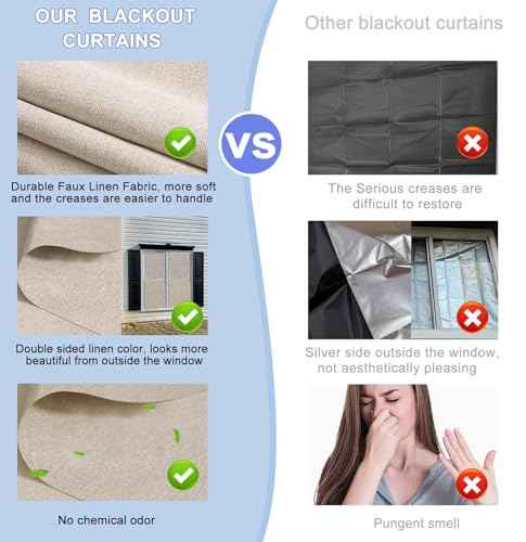 100% Blackout Linen Curtains for Bedroom 57x78Inch (Khaki / 78"W x 57"L (Pack of 1))