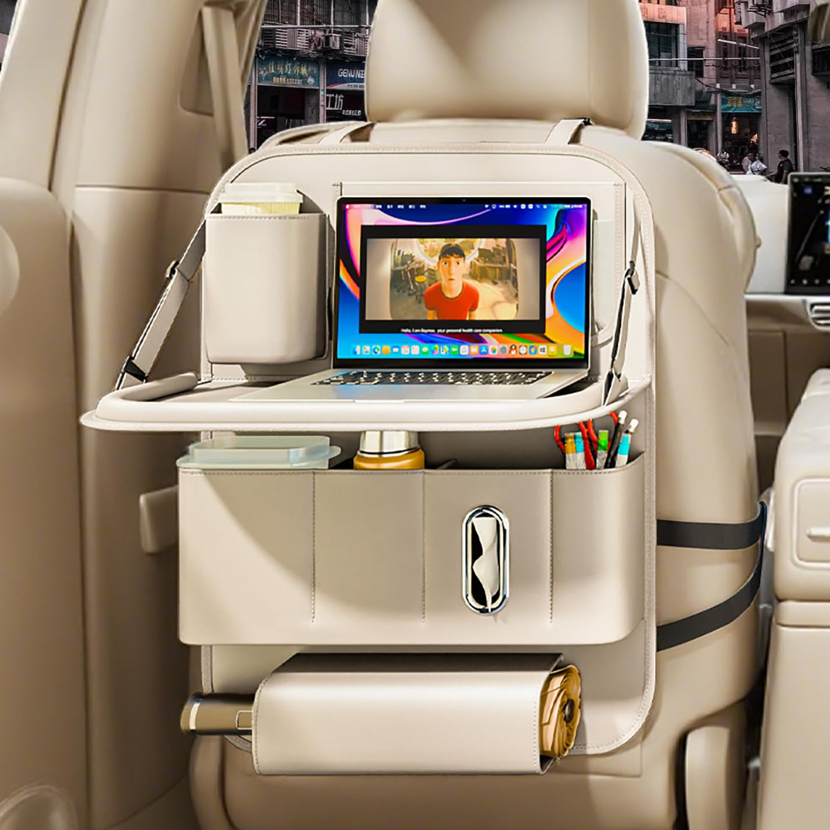 Backseat Car Organizer with Tray 1 Pack (Beige)