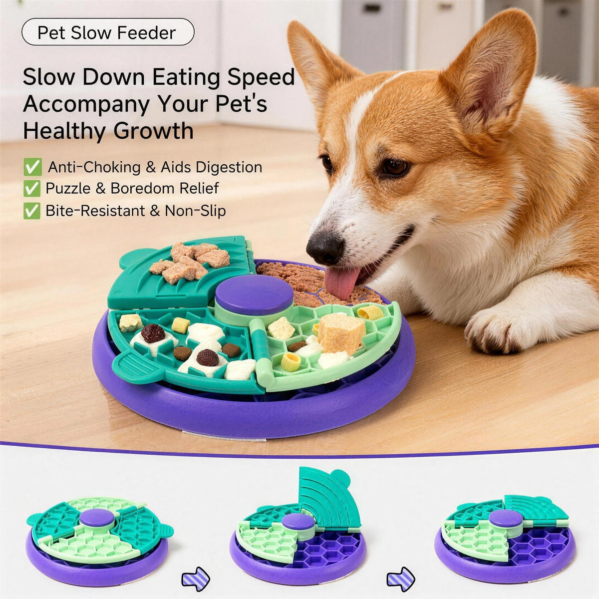 3-in-1 Slow Feeder Dog Bowl, Interactive Puzzle Feeder & Lick Mat (Flippable Puzzle Feeder (Purple))