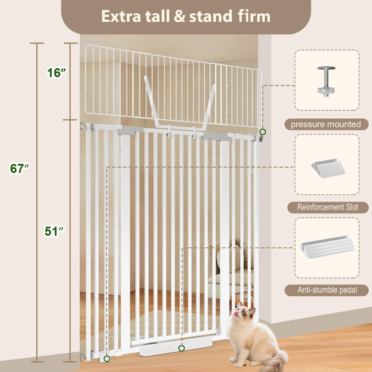 67" High Extra Tall Cat Gate for Doorway (White-67"tall / 30''-49.2''Wide)