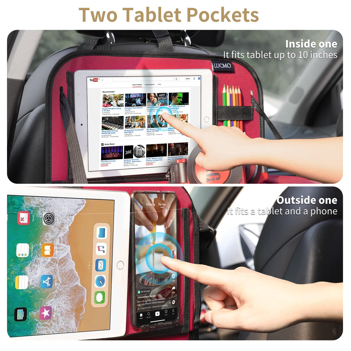 Car Backseat Organizer with Foldable Tablet Holder (Red / 1 Pack with Food Tray)