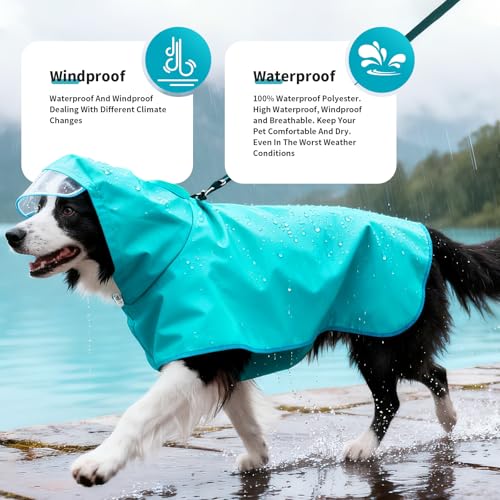 Dog Raincoat Dog Rain Jacket Poncho with Hood and Leash Hole (Neon Blue / 4XL)