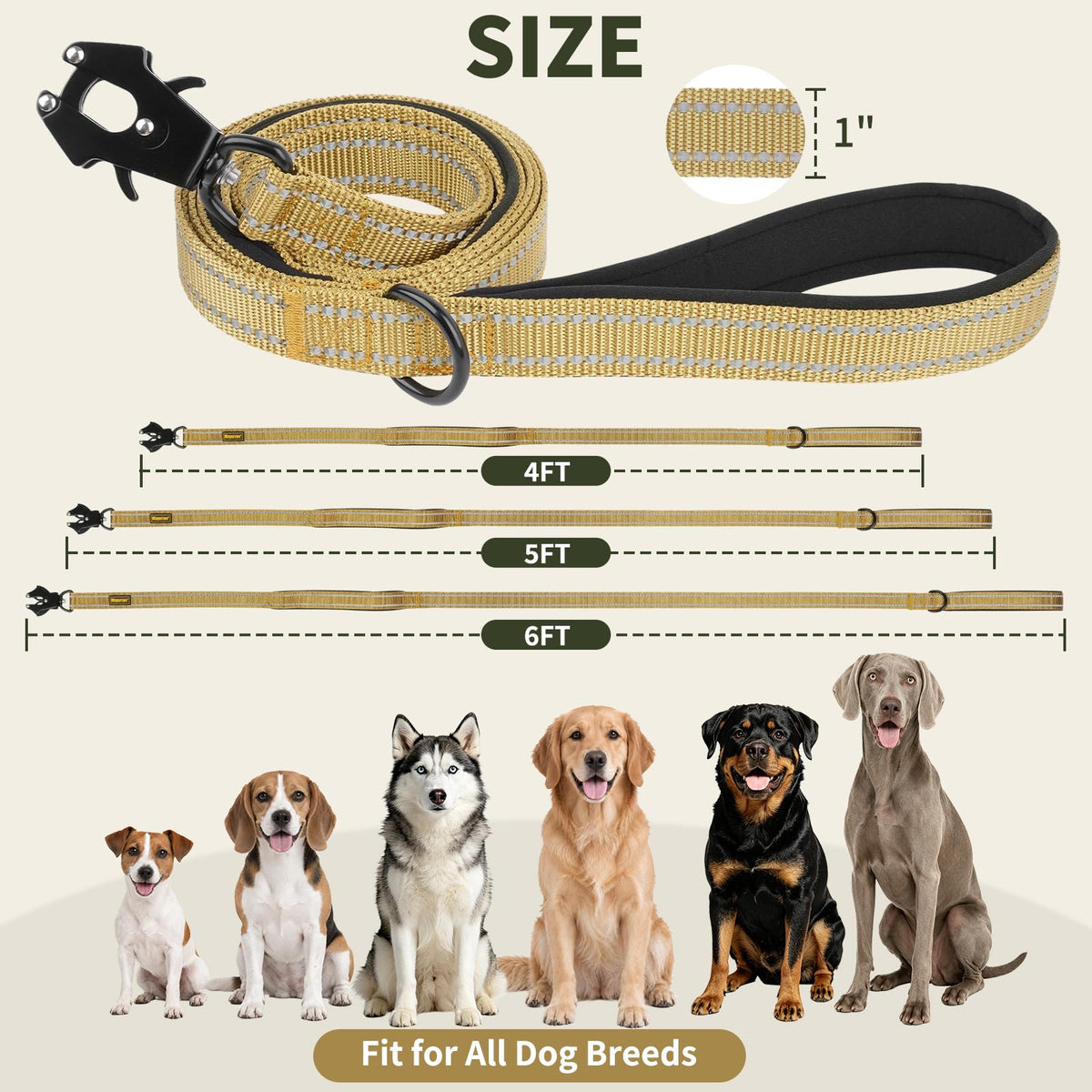 5FT Tactical Heavy Duty Dog Leash No Pull with 2 Padded Handles (Khaki / 5FT)