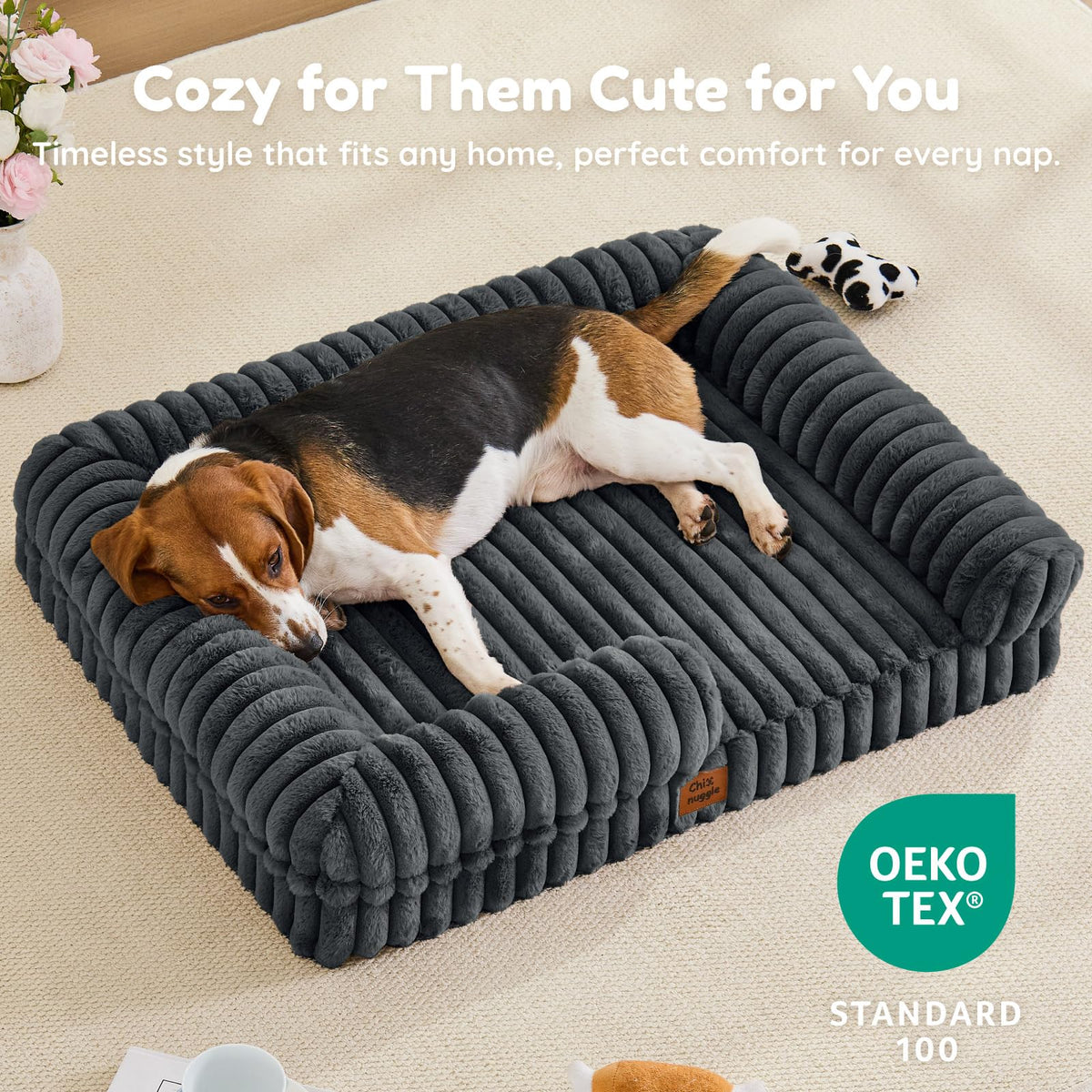 Faux Fur Orthopedic Dog Bolster Bed (Rectangular Dark Grey / L(35*28*7))