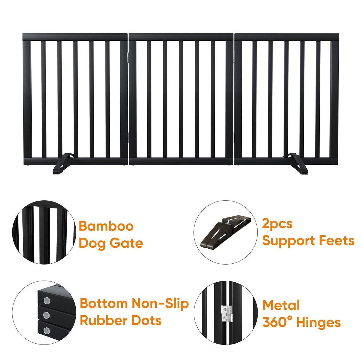 Black 18 55" Foldable Pet Gate for Stairs & Doorways (Bamboo Dog Gate Black / 3 Panel - 55 inches Wide)
