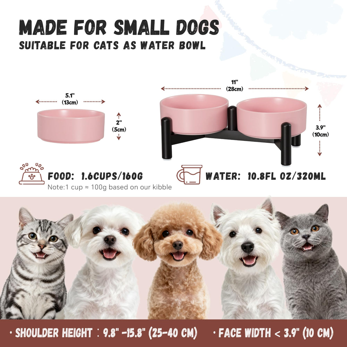 Raised Ceramic Dog Bowl Set with Stand (Pink / 2 Bowls - 1.6 Cups Each)
