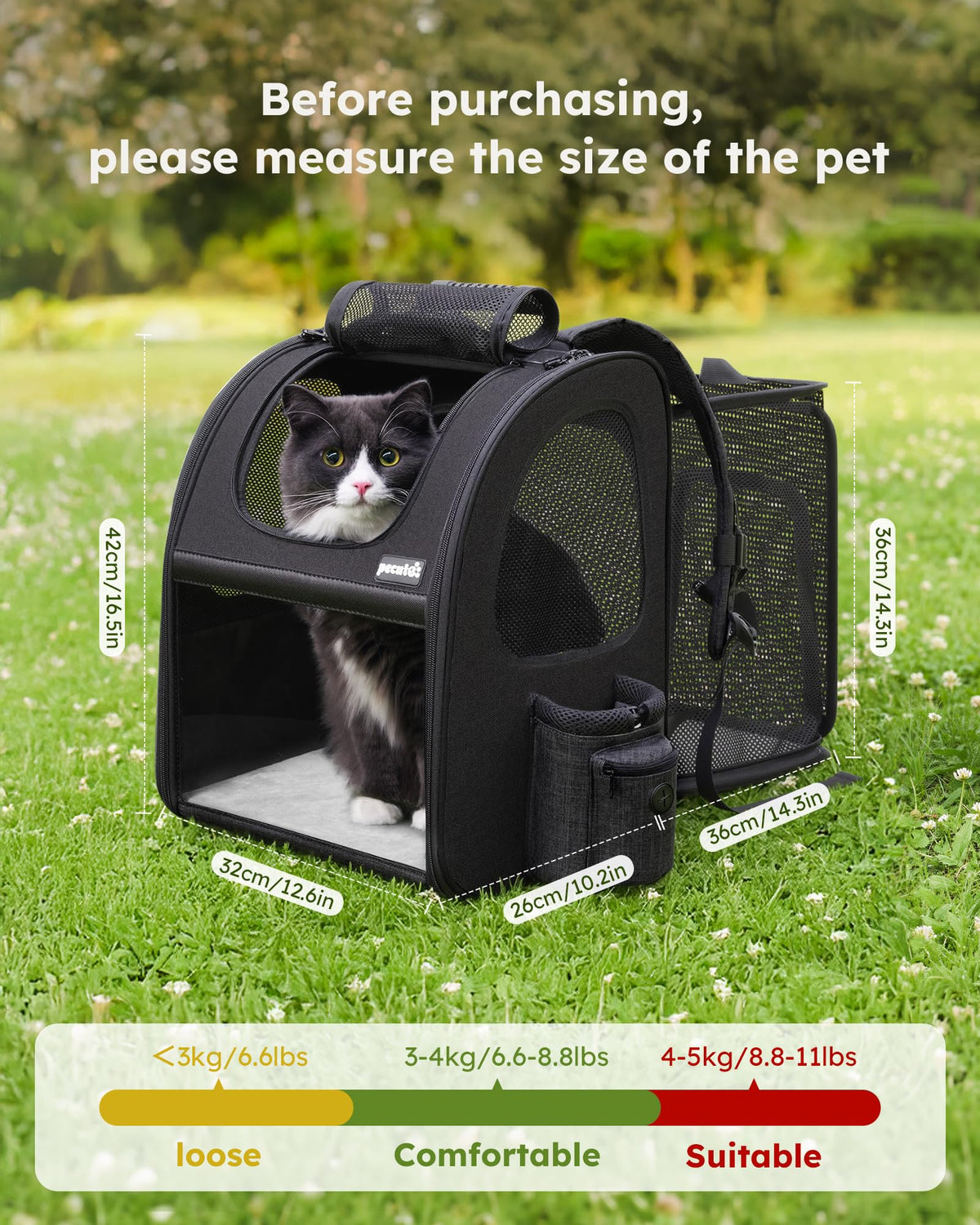 Cat Backpack Expandable (Black / 12.6"L x 10.2"W x 16.5"H)